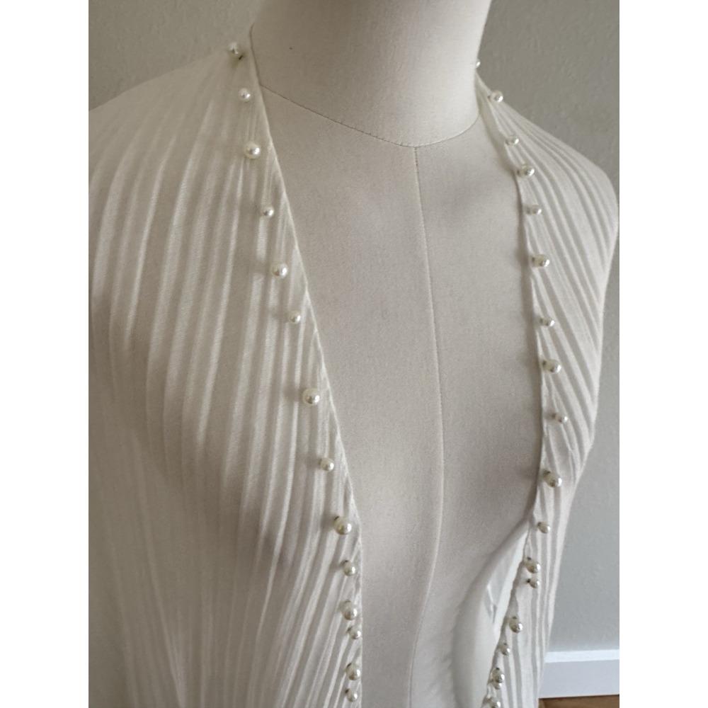 Sheer White Faux Pearl Trim Open Front Kimono Cardi Coverup OSFM Boho Beachy - Picture 2 of 6